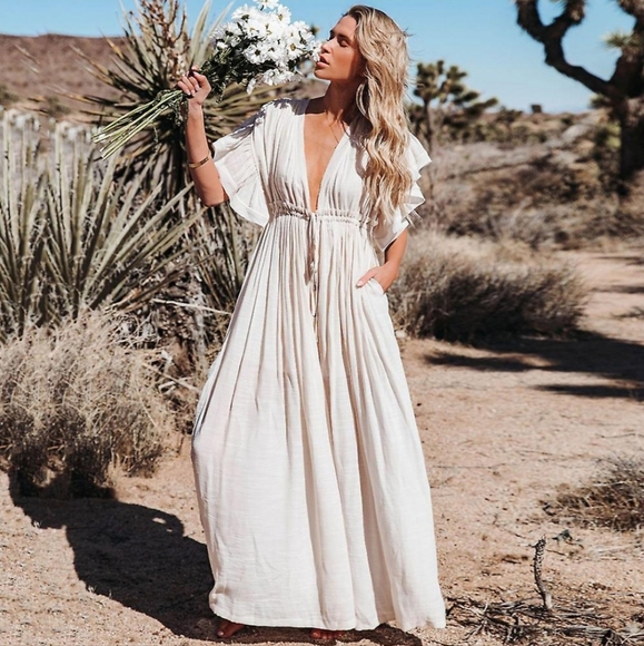 New Boho Flowy Plunge Maxi Gauze Cover Up Dress Summer White - Picture 8 of 15